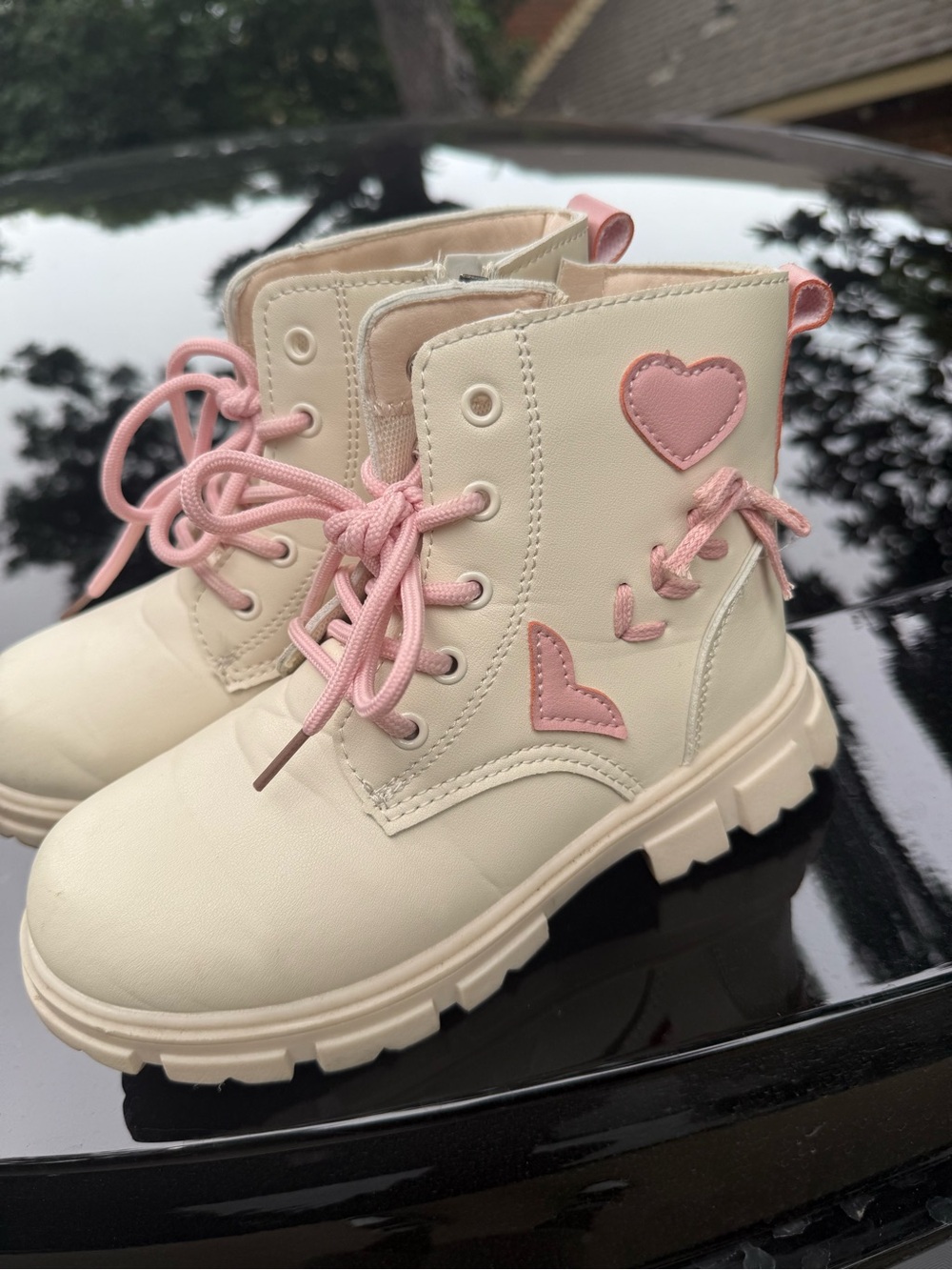 Unlisted Cream Lace-Up Kids Boots with Pink Heart Accents